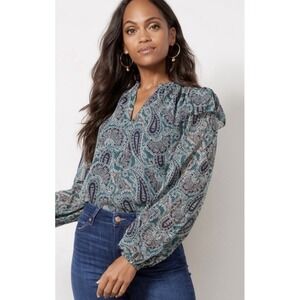 EVEREVE Kyra Paisley Smocked Long Sleeve‎ Blouse Lined Green & Blue Womens Small